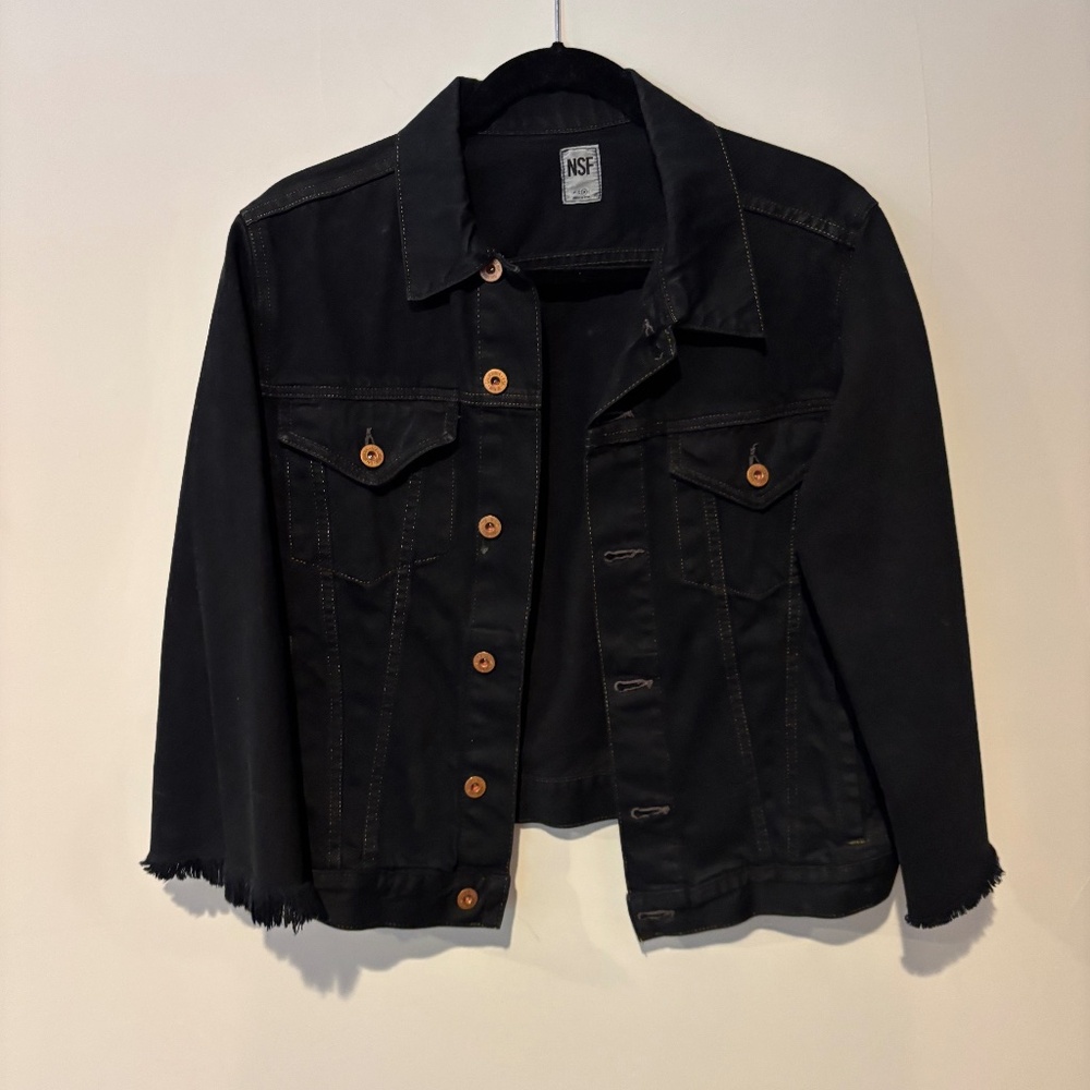 NSF Black Denim Jacket , Flared , Raw hem sleeves